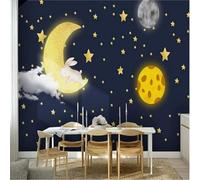 XLMING Cartoon Cute Moon Stars Space Rabbit 3D Wallpaper Silky Texture Home Study Office Grey Dining Room Sofa Bedroom Living Room TV Backdrop-150cm×105cm