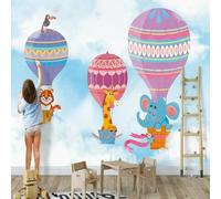 XLMING Cartoon Elephant Giraffe Tiger Hot Air Balloon Colourful 3D Wallpaper Silky Texture Home Study Office Grey Dining Room Sofa Bedroom Living Room TV Backdrop-200cm×140cm