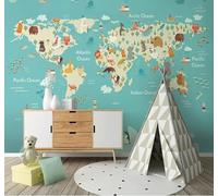 XLMING Cartoon Fresh World Map Animals Unique 3D Wallpaper Silky Texture Home Study Office Grey Dining Room Sofa Bedroom Living Room TV Backdrop-200cm×140cm