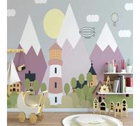 XLMING Cartoon Geometric Mountain Peak Lighthouse White Cloud 3D Wallpaper Silky Texture Home Study Office Grey Dining Room Sofa Bedroom Living Room TV Backdrop-200cm×140cm