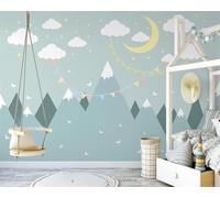 XLMING Cartoon Geometric Mountain Peaks White Clouds Moon 3D Wallpaper Premium Textured Silk Study Dining Living Room Bedroom Sofa TV Wall Easy Install-200cm×140cm