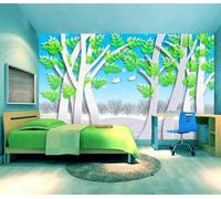 XLMING Cartoon Green Geometric Woodland Birds in Flight 3D Wallpaper Premium Textured Silk Study Dining Living Room Bedroom Sofa TV Wall Easy Install-430cm×300cm