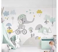 XLMING Cartoon Hand Drawn Elephant Bicycle Clouds 3D Wallpaper Premium Textured Silk Study Dining Living Room Bedroom Sofa TV Wall Easy Install-300cm×210cm