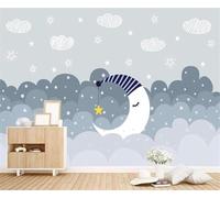 XLMING Cartoon Minimalist Stars Moon White Clouds 3D Wallpaper Premium Textured Silk Study Dining Living Room Bedroom Sofa TV Wall Easy Install-250cm×170cm