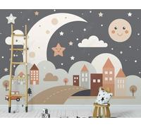 XLMING Cartoon Moon Cottage Clouds Stars 3D Wallpaper Luxury Silk Study Dining Feature Sofa Grey Bedroom Living Room Tv Decorative Wall-430cm×300cm