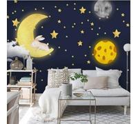 XLMING Cartoon Moon Stars Animals Rabbit 3D Wallpaper Premium Textured Silk Study Dining Living Room Bedroom Sofa TV Wall Easy Install-430cm×300cm