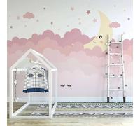 XLMING Cartoon Pink Clouds Moon Stars 3D Wallpaper Premium Textured Silk Study Dining Living Room Bedroom Sofa TV Wall Easy Install-400cm×280cm