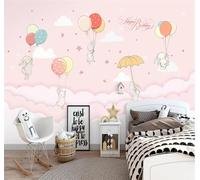 XLMING Cartoon Pink Clouds Rabbit Balloon 3D Wallpaper Premium Textured Silk Study Dining Living Room Bedroom Sofa TV Wall Easy Install-200cm×140cm