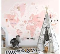 XLMING Cartoon Pink Ocean Hot Air Balloon World Map 3D Wallpaper Luxury Silk Study Dining Feature Sofa Grey Bedroom Living Room Tv Decorative Wall-150cm×105cm