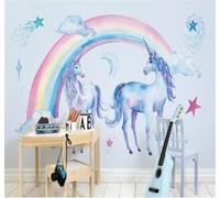 XLMING Cartoon Rainbow Clouds Animals Horse 3D Wallpaper Silky Texture Home Study Office Grey Dining Room Sofa Bedroom Living Room TV Backdrop-200cm×140cm