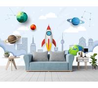 XLMING Cartoon Rocket Planet City Architecture 3D Wallpaper Luxury Silk Study Dining Feature Sofa Grey Bedroom Living Room Tv Decorative Wall-200cm×140cm