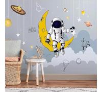 XLMING Cartoon Space Moon Stars Astronaut 3D Wallpaper Silky Texture Home Study Office Grey Dining Room Sofa Bedroom Living Room TV Backdrop-300cm×210cm