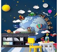 XLMING Cartoon Starry Sky Earth Little Train Balloons Rocket 3D Wallpaper Luxury Silk Study Dining Feature Sofa Grey Bedroom Living Room Tv Decorative Wall-400cm×280cm