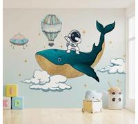 XLMING Cartoon Whale Astronaut Hot Air Balloon White Clouds 3D Wallpaper Premium Textured Silk Study Dining Living Room Bedroom Sofa TV Wall Easy Install-200cm×140cm