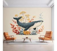 XLMING Cartoon Whale Plant Flower Art 3D Wallpaper Premium Textured Silk Study Dining Living Room Bedroom Sofa TV Wall Easy Install-430cm×300cm