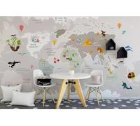 XLMING Cartoon World Map Animals Hot Air Balloon 3D Wallpaper Luxury Silk Study Dining Feature Sofa Grey Bedroom Living Room Tv Decorative Wall-150cm×105cm