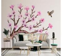 XLMING Cherry Blossom Branches Birds in Flight Pink Flowers Nature Art 3D Wallpaper Premium Textured Silk Study Dining Living Room Bedroom Sofa TV Wall Easy Install-200cm×140cm