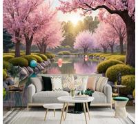 XLMING Cherry Blossom Tree Reflection On The Lake Sunrise Garden Landscape 3D Wallpaper Premium Textured Silk Study Dining Living Room Bedroom Sofa TV Wall Easy Install-350cm×256cm