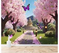 XLMING Cherry Blossoms Garden Architecture Path Purple Butterfly 3D Wallpaper Silky Texture Home Study Office Grey Dining Room Sofa Bedroom Living Room TV Backdrop-150cm×105cm