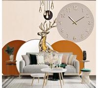XLMING Clock Geometric Circles Art Golden Deer 3D Wallpaper Premium Textured Silk Study Dining Living Room Bedroom Sofa TV Wall Easy Install-400cm×280cm