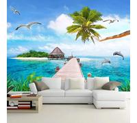 XLMING Coconut Trees Sky Sea Birds in Flight Coconut Trees 3D Wallpaper Silky Texture Home Study Office Grey Dining Room Sofa Bedroom Living Room TV Backdrop-250cm×170cm