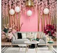 XLMING Creative Beautiful Pink Cherry Blossoms Paper Lanterns Golden Pillars 3D Wallpaper Silky Texture Home Study Office Grey Dining Room Sofa Bedroom Living Room TV Backdrop-150cm×105cm
