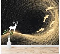XLMING Creative Golden Fish White Deer Abstract Swirl 3D Wallpaper Premium Textured Silk Study Dining Living Room Bedroom Sofa TV Wall Easy Install-350cm×256cm