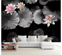 XLMING Creative Hand Drawn Black and White Beautiful Lotus 3D Wallpaper Silky Texture Home Study Office Grey Dining Room Sofa Bedroom Living Room TV Backdrop-200cm×140cm