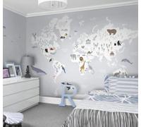 XLMING Creative Hand Drawn World Map Cartoon Animals 3D Wallpaper Luxury Silk Study Dining Feature Sofa Grey Bedroom Living Room Tv Decorative Wall-250cm×170cm