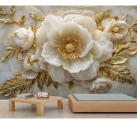 XLMING Creative Jade Carving White Flowers Gold Leaves 3D Wallpaper Luxury Home Dining Decor Paste Sofa Living Room The Wall for Bedroom Mural-150cm×105cm