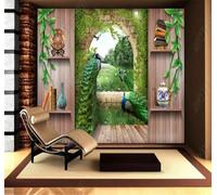XLMING Creative Peacock Woodgrain Archway Forest 3D Wallpaper Luxury Home Dining Decor Paste Sofa Living Room The Wall for Bedroom Mural-250cm×170cm