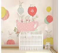 XLMING Creative Pink Hot Air Balloon Cartoon Rabbit 3D Wallpaper Luxury Silk Study Dining Feature Sofa Grey Bedroom Living Room Tv Decorative Wall-350cm×256cm