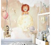 XLMING Creative Planet Cartoon Animal Lion 3D Wallpaper Silky Texture Home Study Office Grey Dining Room Sofa Bedroom Living Room TV Backdrop-150cm×105cm