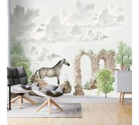 XLMING Creative White Clouds Green Trees Horse 3D Wallpaper Premium Textured Silk Study Dining Living Room Bedroom Sofa TV Wall Easy Install-430cm×300cm