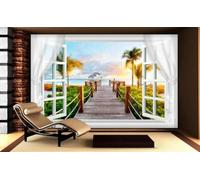XLMING Curtains Window Coconut Tree Wooden Bridge Sea 3D Wallpaper Luxury Home Dining Decor Paste Sofa Living Room The Wall for Bedroom Mural-200cm×140cm