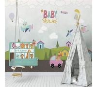 XLMING Cute Cartoon Animals Giraffe Airplane Hot Air Balloon 3D Wallpaper Silky Texture Home Study Office Grey Dining Room Sofa Bedroom Living Room TV Backdrop-350cm×256cm