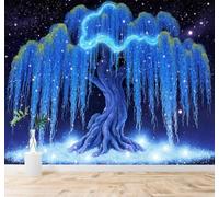 XLMING Dreamlike Creative Blue Willow Tree Glowing Branches Starry Sky 3D Wallpaper Silky Texture Home Study Office Grey Dining Room Sofa Bedroom Living Room TV Backdrop-400cm×280cm
