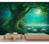 XLMING Dreamlike Moon Lake Lotus Trees 3D Wallpaper Premium Textured Silk Study Dining Living Room Bedroom Sofa TV Wall Easy Install-400cm×280cm