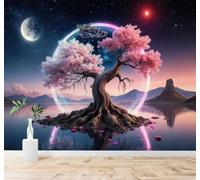 XLMING Dreamlike Pink Cherry Blossom Trees Moon Lake Mountains 3D Wallpaper Premium Textured Silk Study Dining Living Room Bedroom Sofa TV Wall Easy Install-150cm×105cm