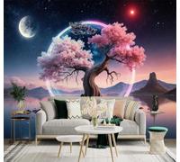 XLMING Dreamlike Pink Cherry Blossom Trees The Moon Lakes Mountains 3D Wallpaper Silky Texture Home Study Office Grey Dining Room Sofa Bedroom Living Room TV Backdrop-430cm×300cm