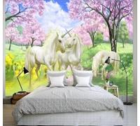 XLMING Dreamlike Pink Forest Animals White Horse 3D Wallpaper Premium Textured Silk Study Dining Living Room Bedroom Sofa TV Wall Easy Install-250cm×170cm
