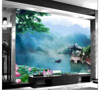 XLMING Early Morning Lakeside Lotus Flowers Blue Sky Mountains Landscape 3D Wallpaper Silky Texture Home Study Office Grey Dining Room Sofa Bedroom Living Room TV Backdrop-430cm×300cm