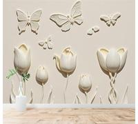 XLMING Elegance Minimalism White Tulips Butterflies Art 3D Wallpaper Premium Textured Silk Study Dining Living Room Bedroom Sofa TV Wall Easy Install-150cm×105cm