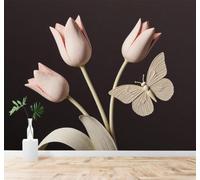 XLMING Elegance Pink Tulips Butterflies Minimalist Flowers 3D Wallpaper Premium Textured Silk Study Dining Living Room Bedroom Sofa TV Wall Easy Install-430cm×300cm