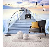 XLMING Elegant Sky Birds Wooden Bridge Sea 3D Wallpaper Silky Texture Home Study Office Grey Dining Room Sofa Bedroom Living Room TV Backdrop-350cm×256cm