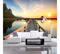 XLMING Elegant Sunrise Mountain Peaks Lake Wooden Bridge 3D Wallpaper Silky Texture Home Study Office Grey Dining Room Sofa Bedroom Living Room TV Backdrop-430cm×300cm