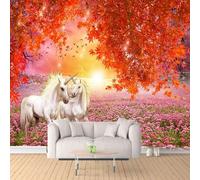 XLMING Elegant Sunrise Red Maple Leaves White Horse 3D Wallpaper Silky Texture Home Study Office Grey Dining Room Sofa Bedroom Living Room TV Backdrop-150cm×105cm