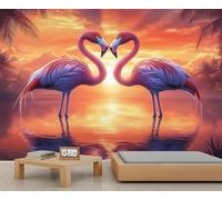 XLMING Elegant Sunset Lake Flamingo Coconut Tree 3D Wallpaper Premium Textured Silk Study Dining Living Room Bedroom Sofa TV Wall Easy Install-200cm×140cm