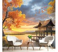 XLMING Elegant Sunset Red Maple Leaves Cottage 3D Wallpaper Premium Textured Silk Study Dining Living Room Bedroom Sofa TV Wall Easy Install-250cm×170cm