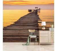 XLMING Elegant Sunset Sea Wooden Bridge Small Boat 3D Wallpaper Silky Texture Home Study Office Grey Dining Room Sofa Bedroom Living Room TV Backdrop-350cm×256cm